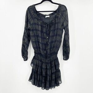 Love Shack Fancy Women's Black Gold Silk Button Front Tiered Mini Dress Size M